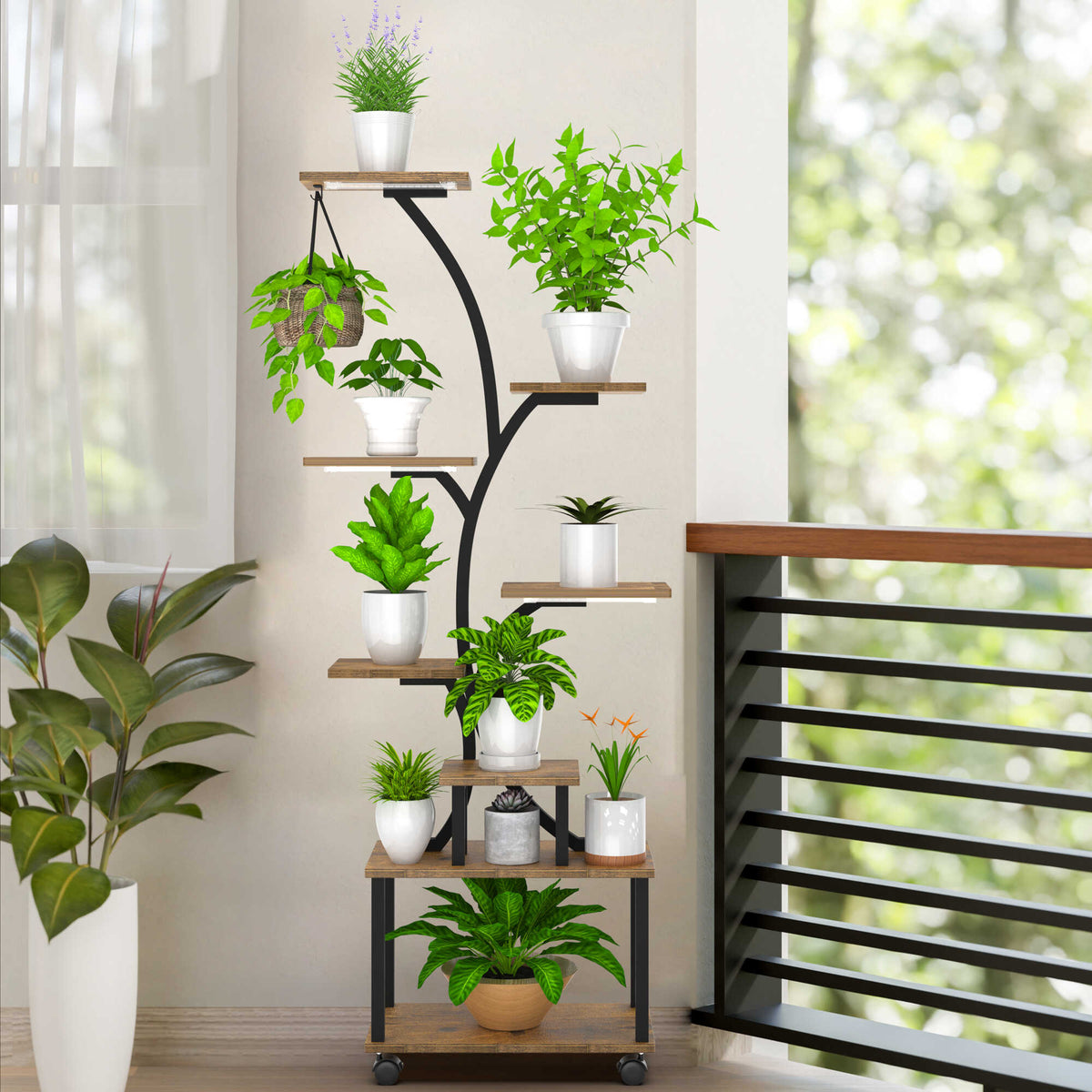 8-Tier Rolling Indoor Plant Stand with Grow Light