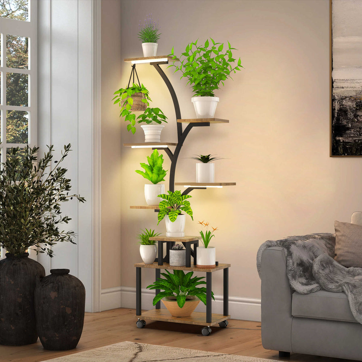8-Tier Rolling Indoor Plant Stand with Grow Light