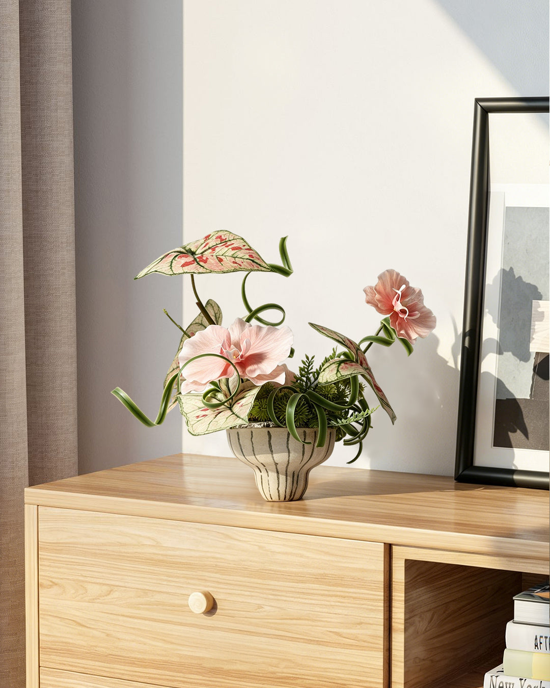 Artificial Flower Set - Striped Ceramic Vase