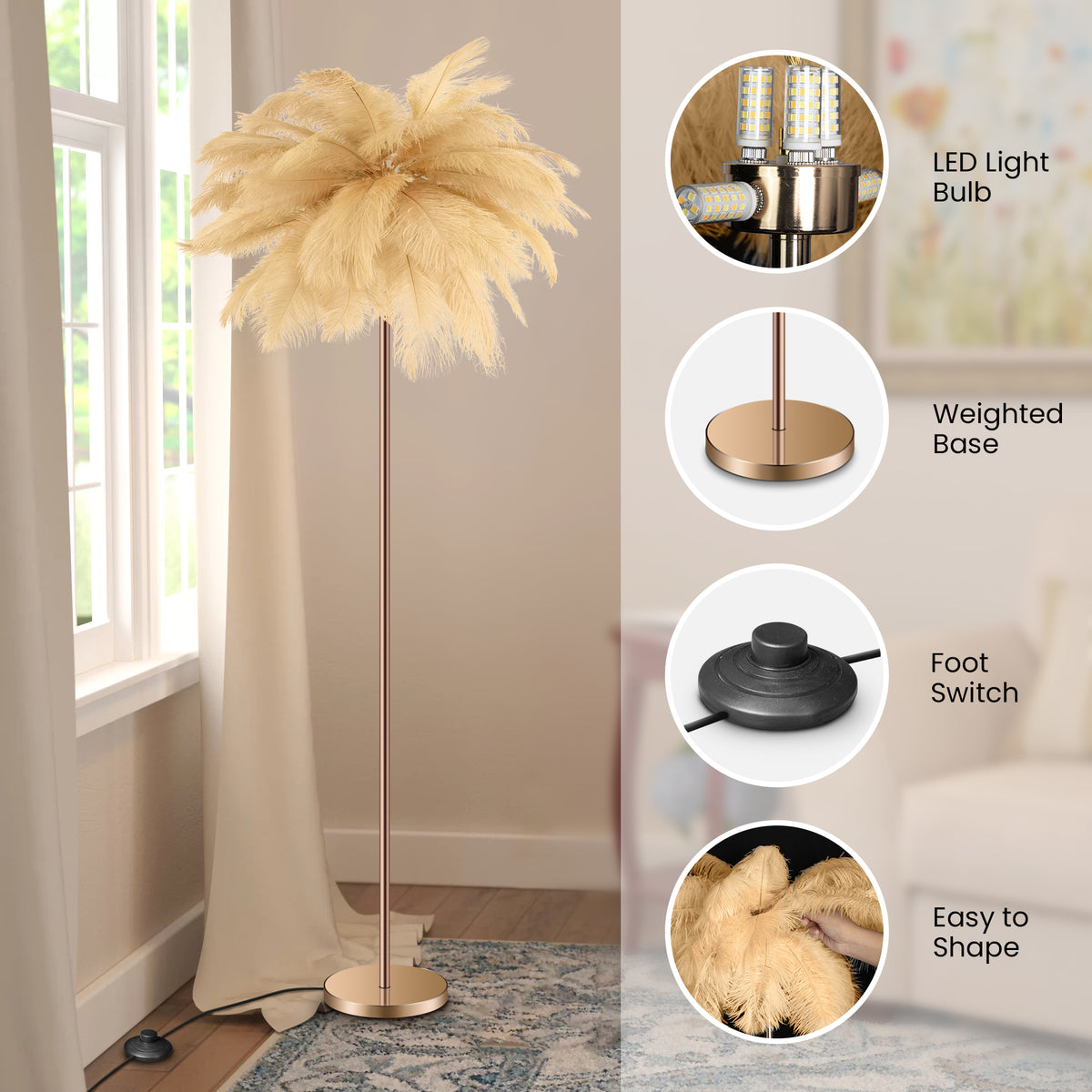 Feather Floor Lamp with 3-Color Lighting